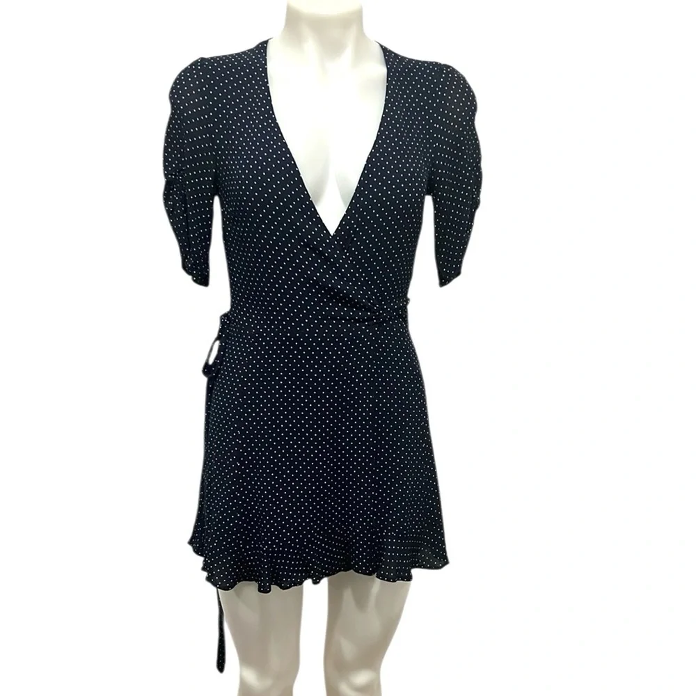 Reformation Monica navy polka dot short sleeve wrap dress size small - Picture 2 of 9